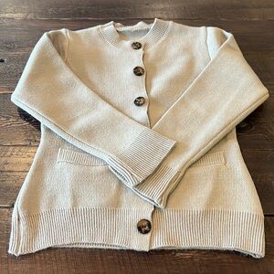 Natural-tan bell sleeve cardigan w/buttons, round neckline, S, new w/out tags.